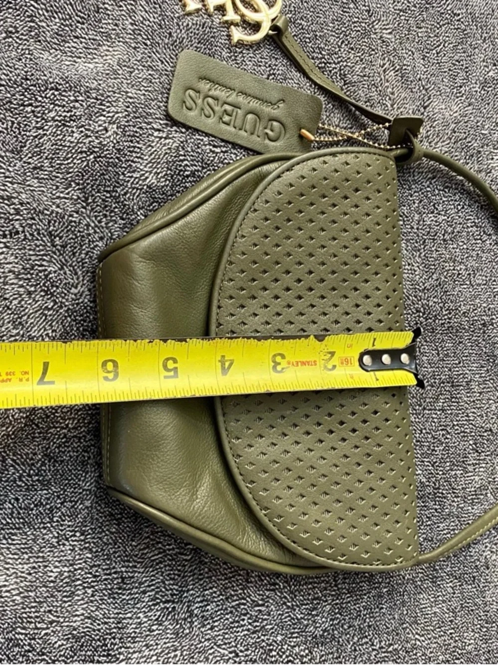 GUESS Olive Green Genuine Leather Laser-Cut Crossbody Bag with‎ Gold Hardwear